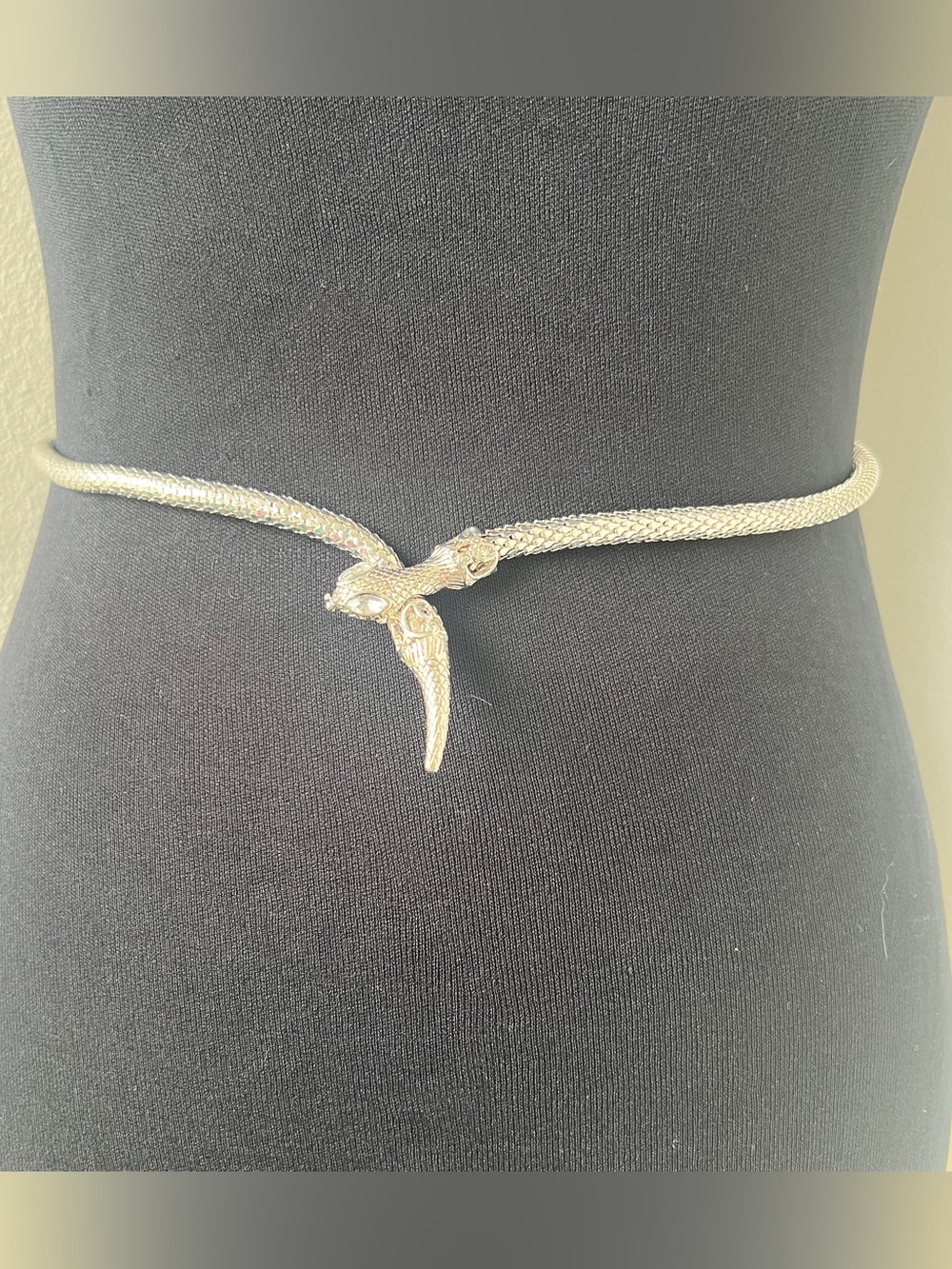 Vtg Silver Chainmail Snake Mesh Necklace Crystal Eyes Adjustable Lariat Serpent - Picture 5 of 10